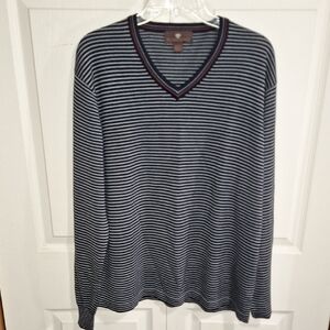 Toscano Wool Blend Striped V-Neck Sweater-L-Black White